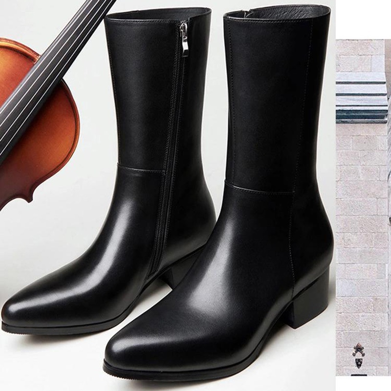 Fall Men Leather Boots Pointed Toe Mid-Calf Top Layer Men's Boots Zipper Boots Leather Shoes Large Size