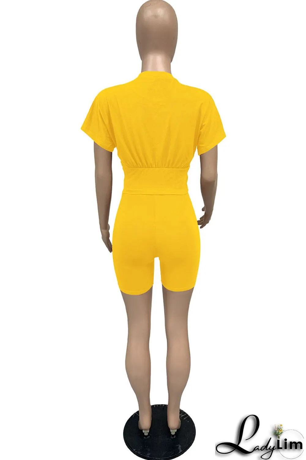 Yellow Casual Solid Split Joint O Neck Short Sleeve Two Pieces