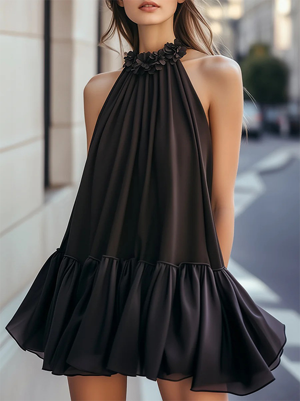 Floral-Adorned Halterneck Ruffle Elegant Dress