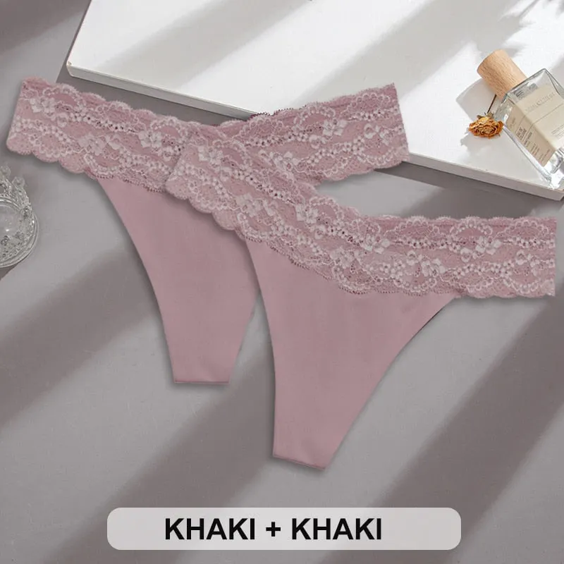 2PCS/Set Lace Panties Sexy Underwear Thong Women Panties G-String Panties Briefs Lingerie Floral V Waist Design Female Underpant