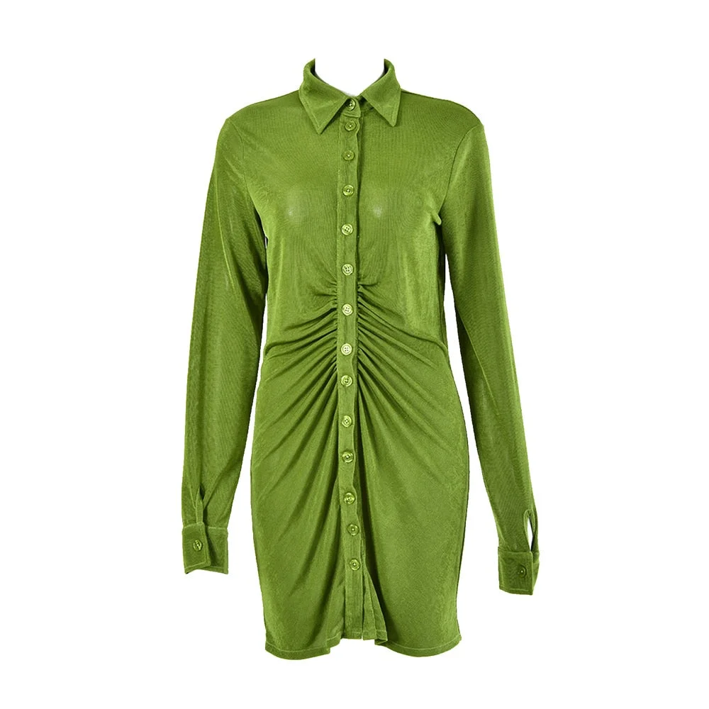 wsevypo Autumn Office Lady Solid Color Mini Shirts Dress Party Vestidos Women's Long Sleeev Button down Ruched Bodycon Dress