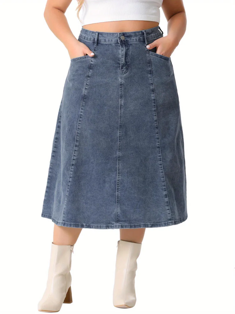 Women's Vintage High Waist A-Line Midi Denim Skirt - Plus Size, With Pockets, Classic Jean Style