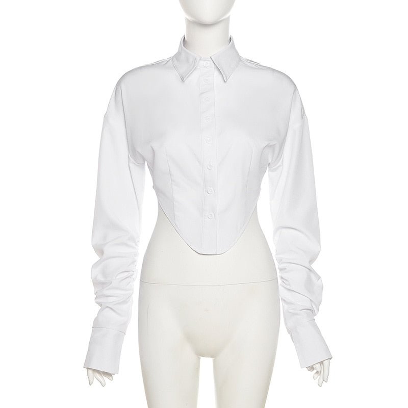 Simenual Button Up Fashion Cropped Blouse Shirts Ruched Long Sleeve Streetwear Loose Turn Down Collar Blouses Fall 2021 Shirt