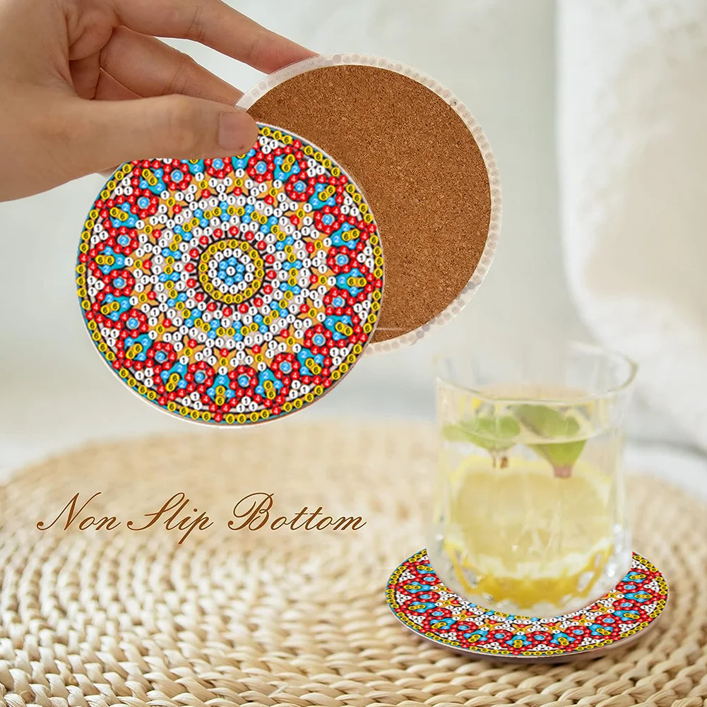 8pcs DIY Mandala Pattern Acrylic Single Sided Diamond Painting Art Coasters Kits with Holder