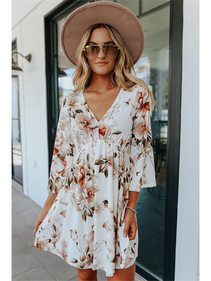 Floral Dress V-neck Pullover Knee Length Skirt | EGEMISS