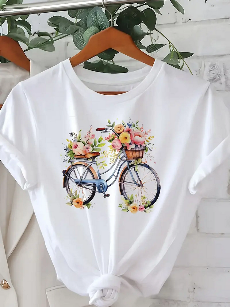 AL™ Floral & Bicycle Print Crew Neck T-shirt, Casual Short Sleeve Summer Daily Top, Women's Clothing -xn0625-1-Annaletters