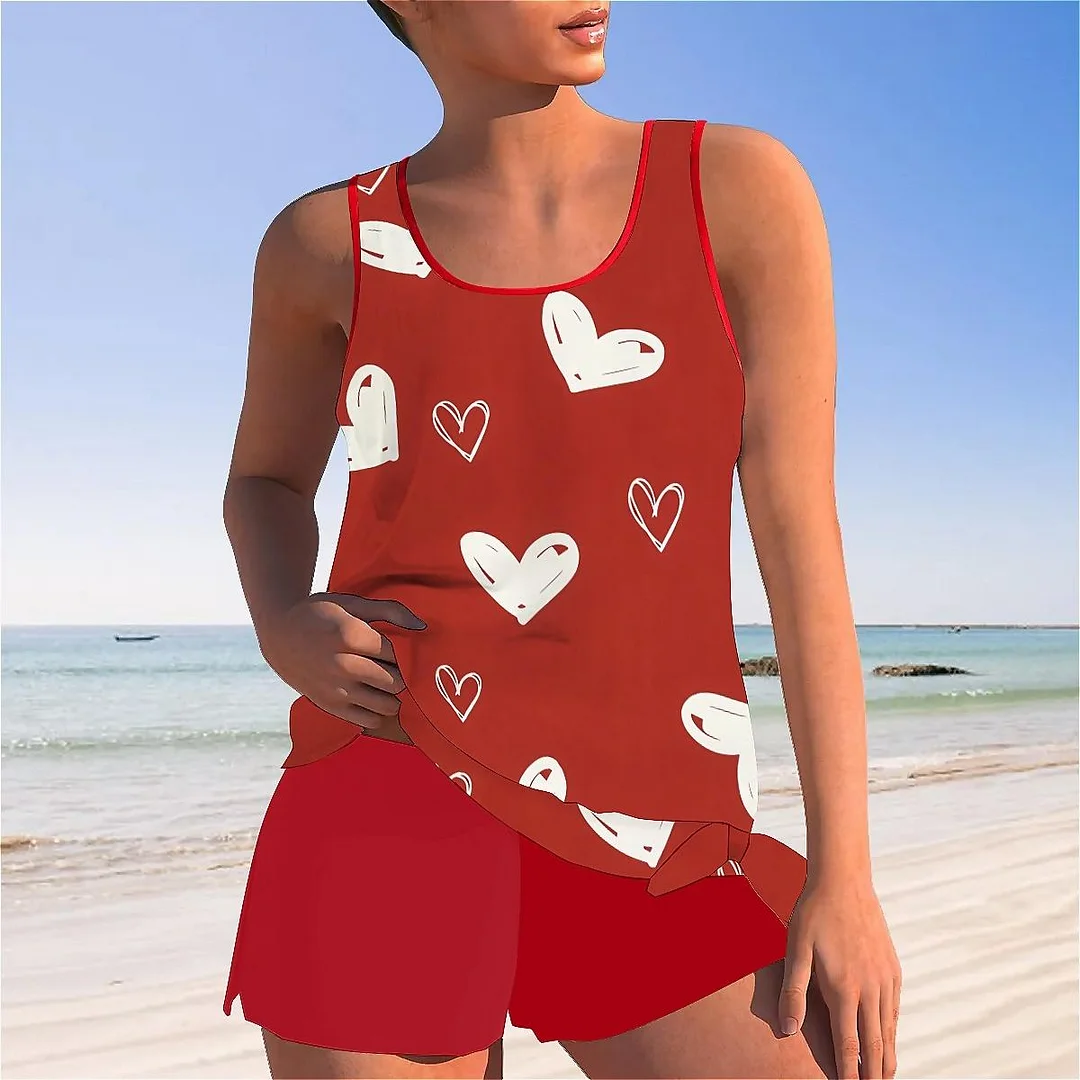 Bowknot Heart,Love,Valentine's Day Mid Waisted Tankini Set - Plus Size Available
