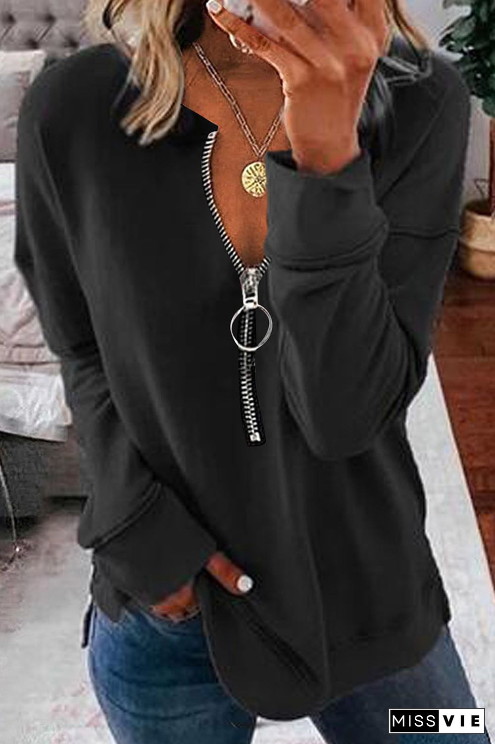 Casual Solid Split Joint Zipper Collar Tops(3 Colors)