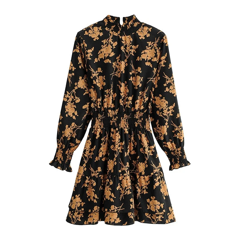 Aachoae New Arrivals Floral Print Dress Stand Neck Vintage Mini Dresses Butterfly Sleeve Casual Pleated Dress Vestidos Mujer