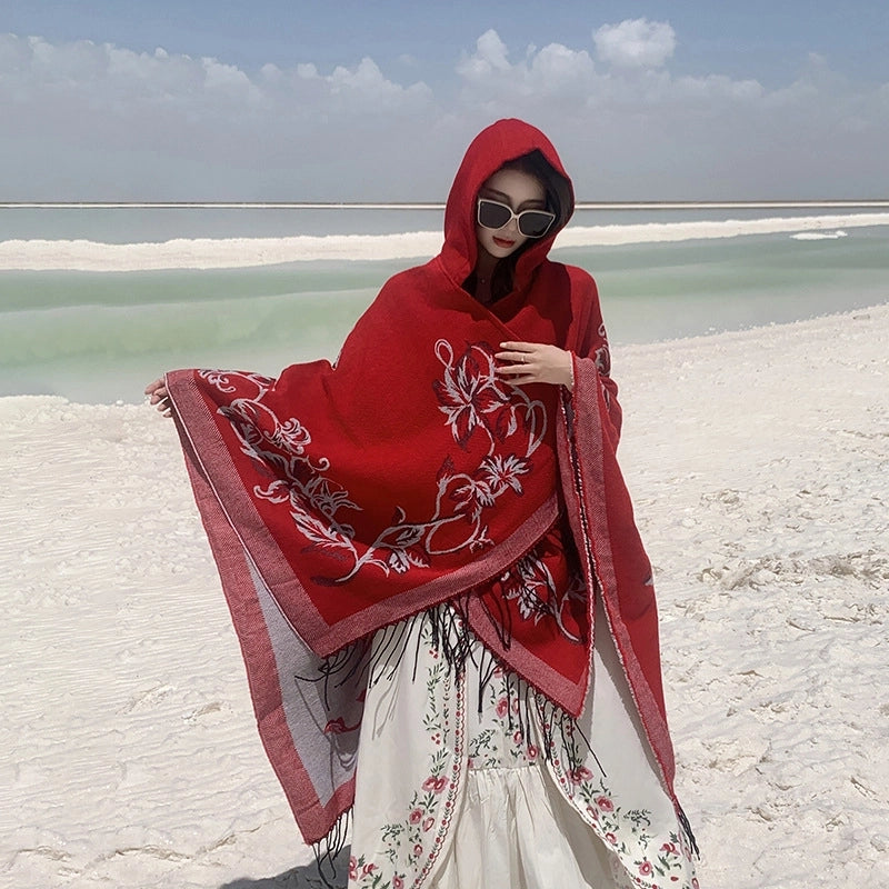 Ethnic Style Hooded Shawl Cloak Lijiang Xinjiang Tibet Northwest Tourism Wear Photograph Warm Outer Cape