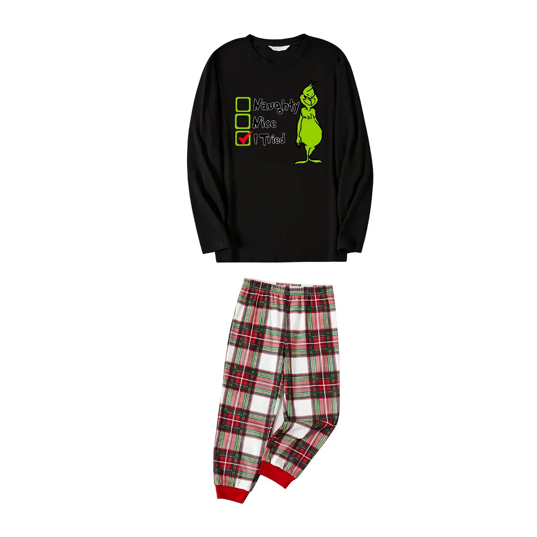 Christmas Cartoon and Text Print Black Long Sleeve Top with Red & White & Green Plaid Family Matching Pajamas