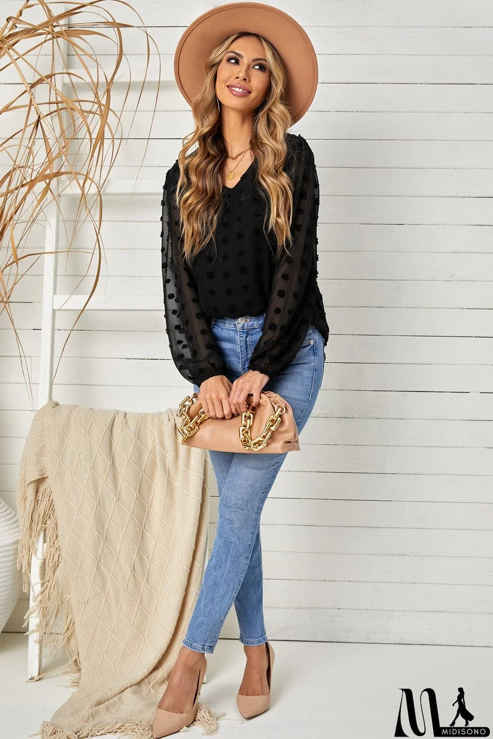 MidiSono - Swiss Dot Bubble Sleeve Blouse