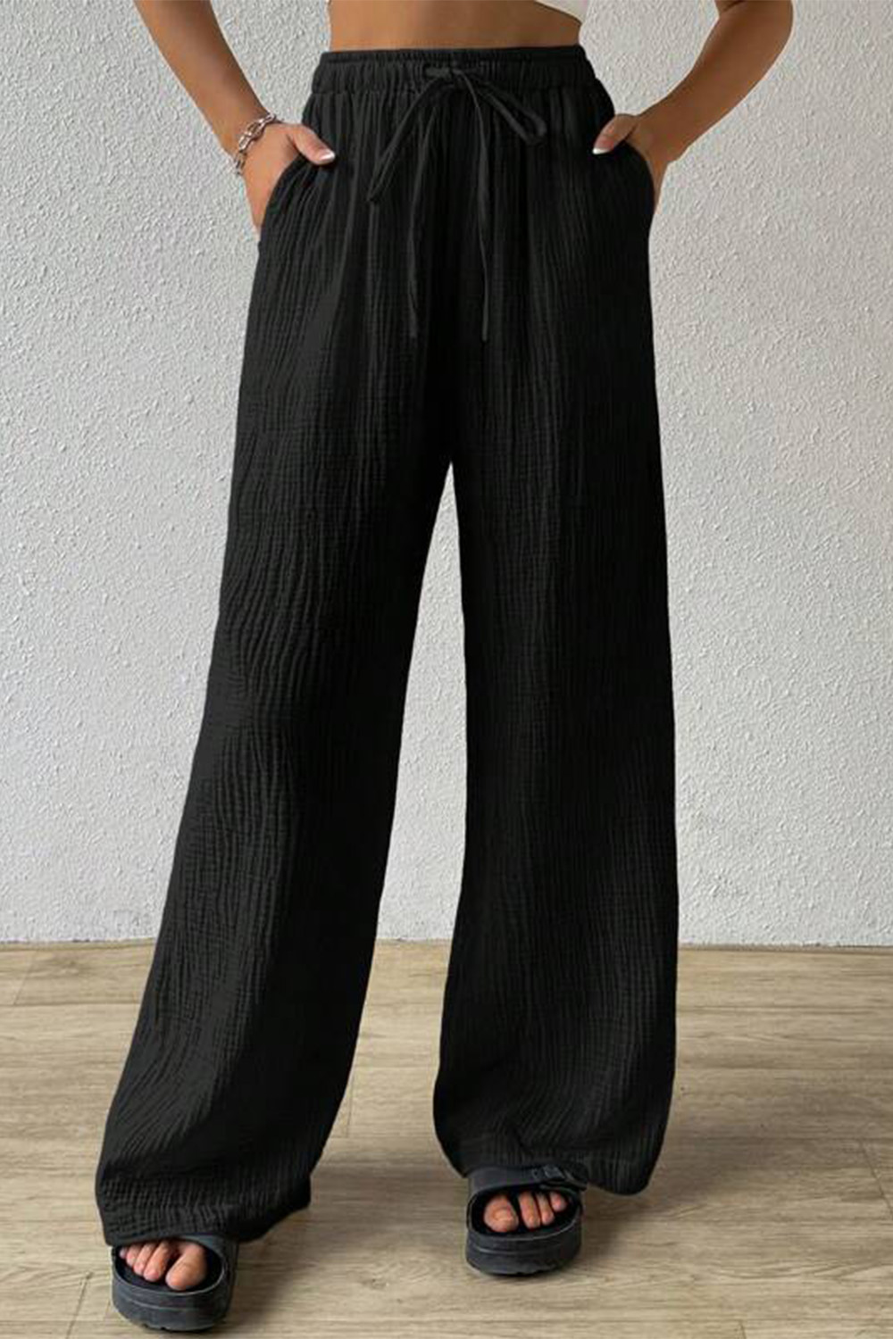 Plus Size Casual Mint Green Drawstring Pocket Straight Leg Pants 2024 - Flycurvy 