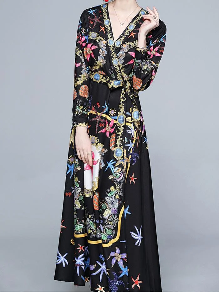 V-neck Long-sleeved Printed Lace-up Dress