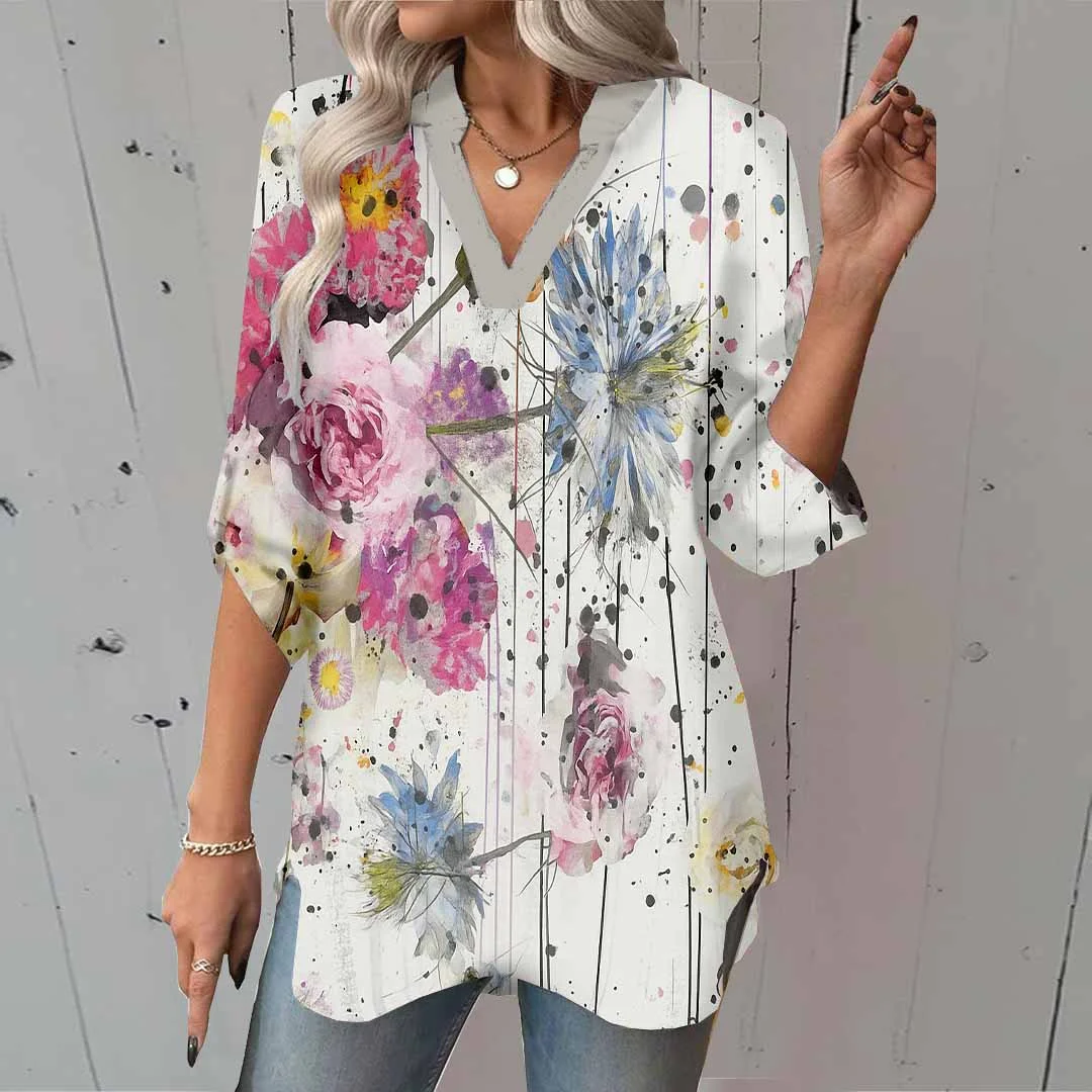 Women Floral,Ink Painting,Red DZGA0579 3/4 Sleeve V-neck Printed Graphic Button Tops