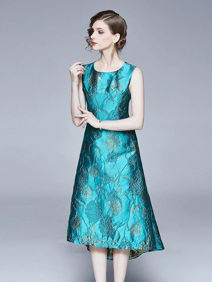 Green round neck sleeveless jacquard dovetail irregular dress