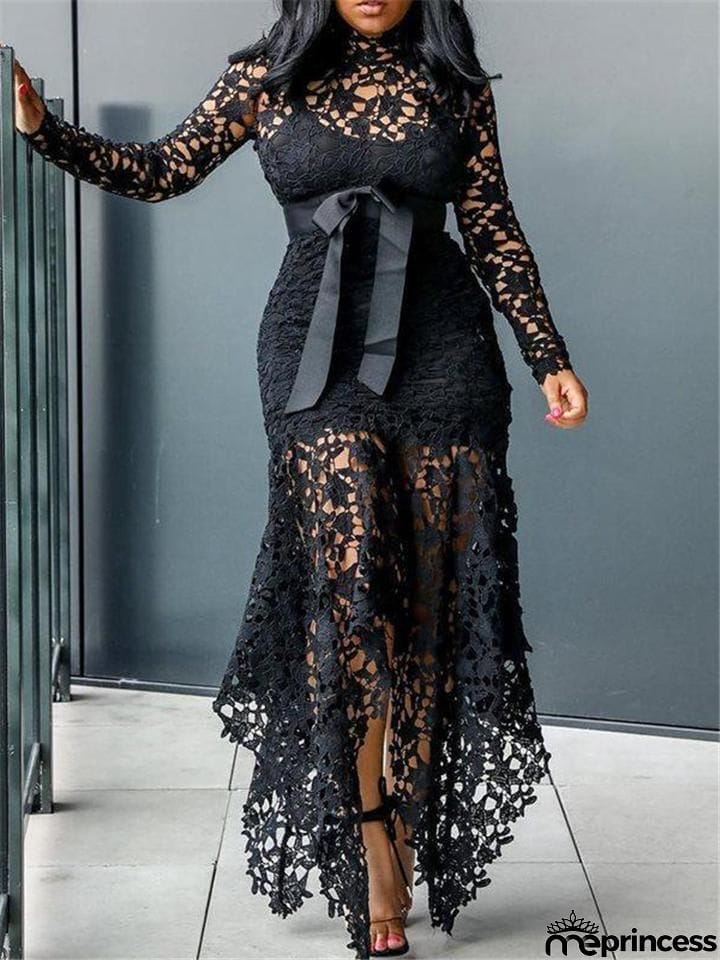 Stunning Waist Tie Lace Design Asymmetric Hem Dress for Prom