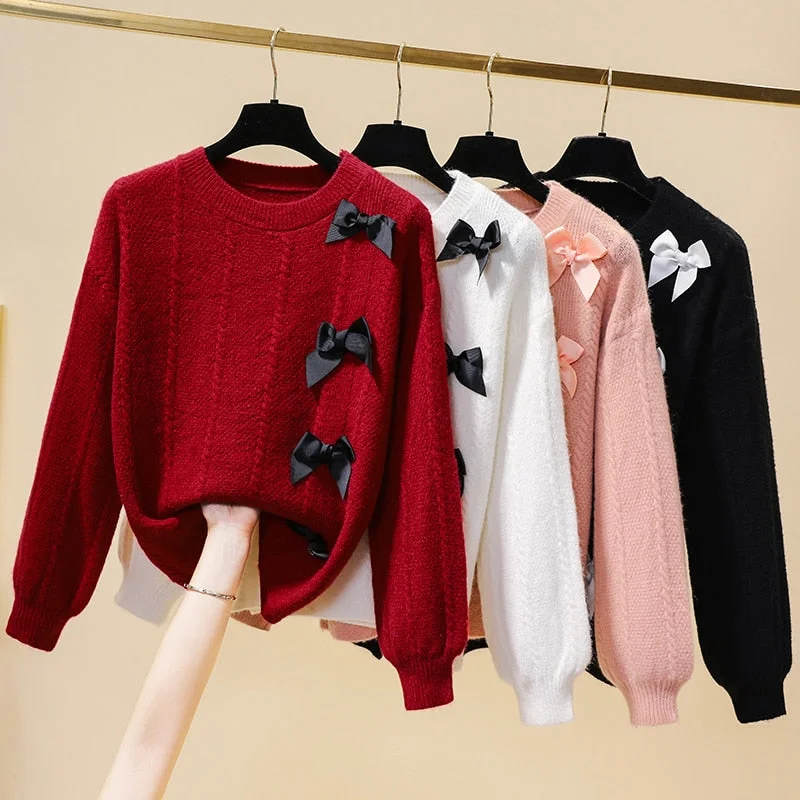 L-XXXL Korean Kawaii Bow Plus Size Red/White/Pink/Black Knitted Sweater BE611