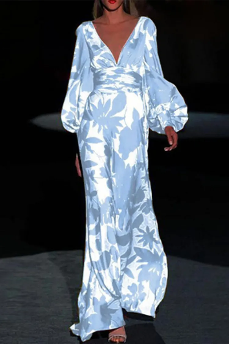 Elegant Print Floral Hollowed Out Frenulum V Neck Short Sleeve Two Pieces