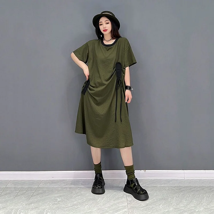 Casual Solid Color O-Neck Asymmetrical Drawstring Short Sleeve Dress     