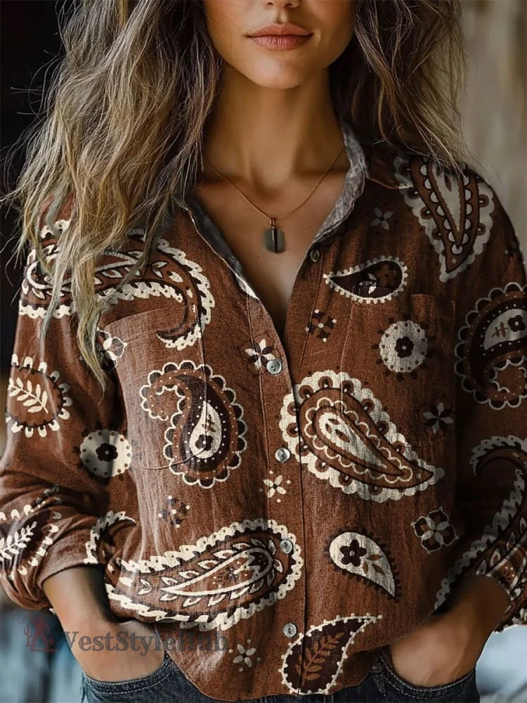 Womens Paisley Pattern Art Print Casual Long Sleeve Comfortable Cotton Shirt