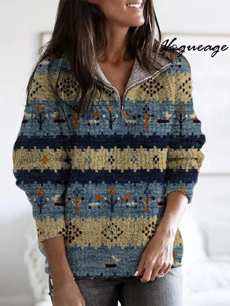 Fashionable And Warm Horizontal Striped Stitching Zippered Long-Sleeved Sweater
