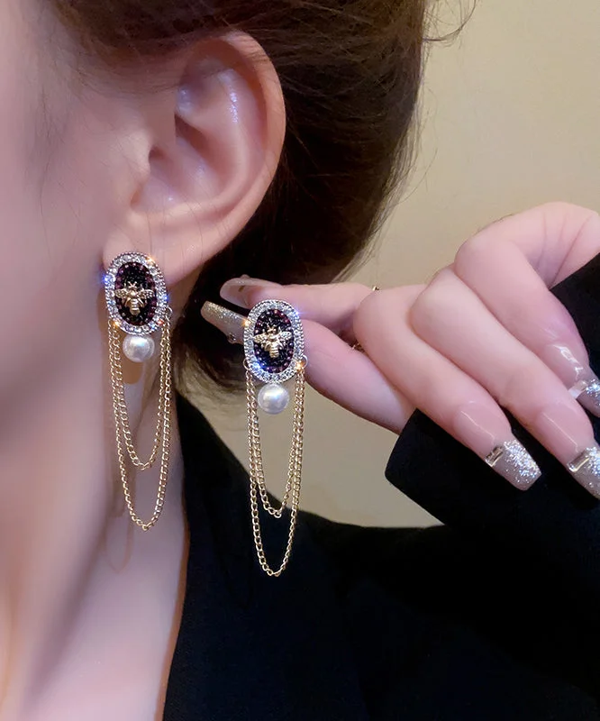 Fashion Gold Alloy Pearl Crystal Zircon Tassel Drop Earrings