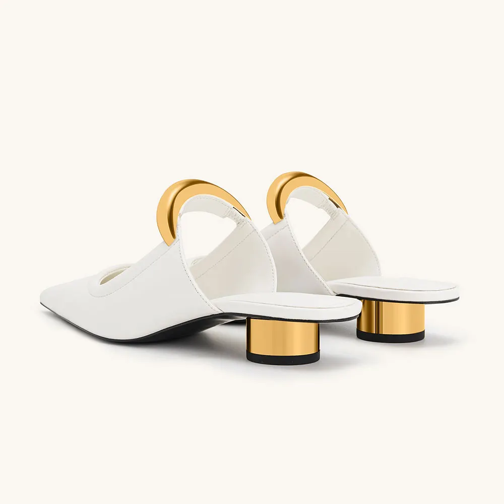 Fashion White Pointed Toe Metal Strap Mule Shoes with Cylinder Heel
