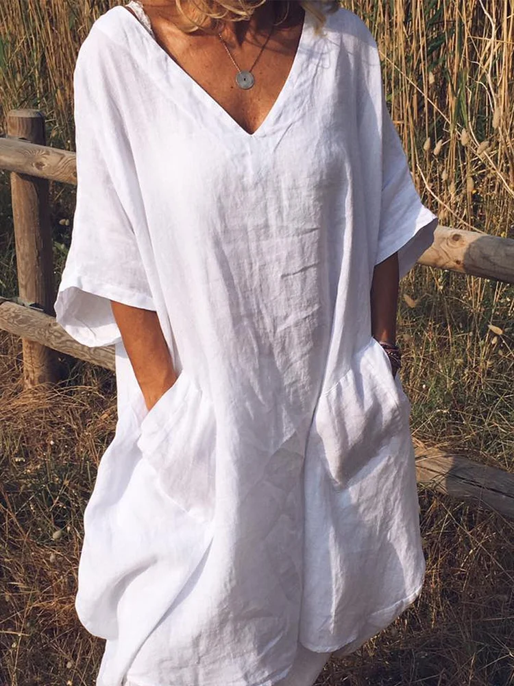 Plus Size V Neck Women Daily Casual Pockets Solid Dresses