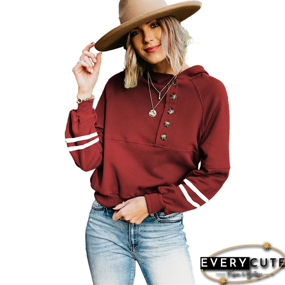 Wine Red Buttoned Long Sleeve Hoodie