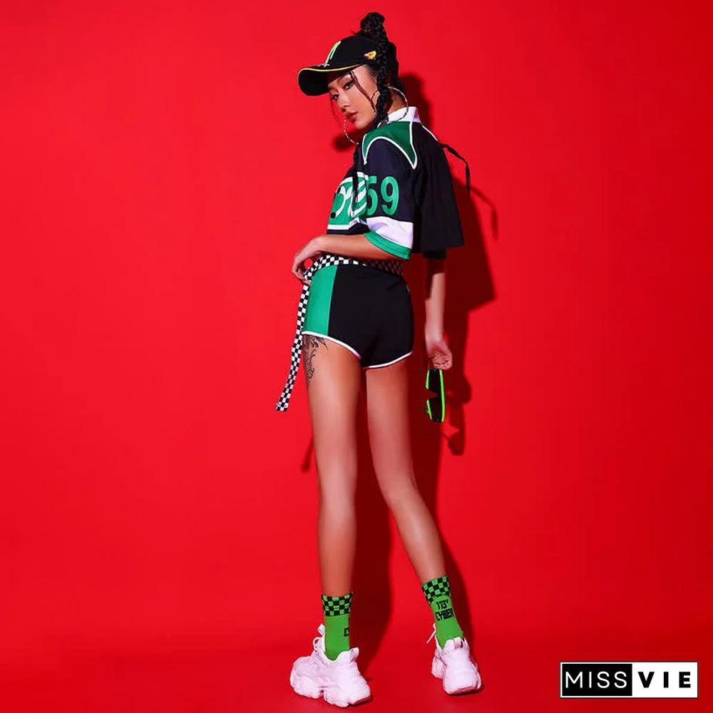 Letter Print Crop Top Shorts Mini Skirt Pants Colorblock Three Pieces Set