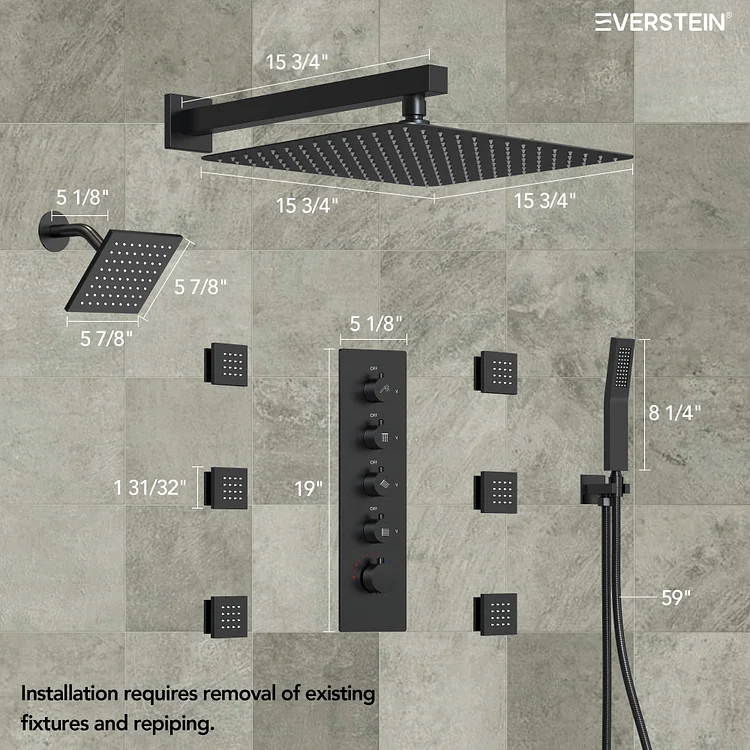 Wall Mount Dual Rain Shower Head System in Matte Black | EVERSTEIN