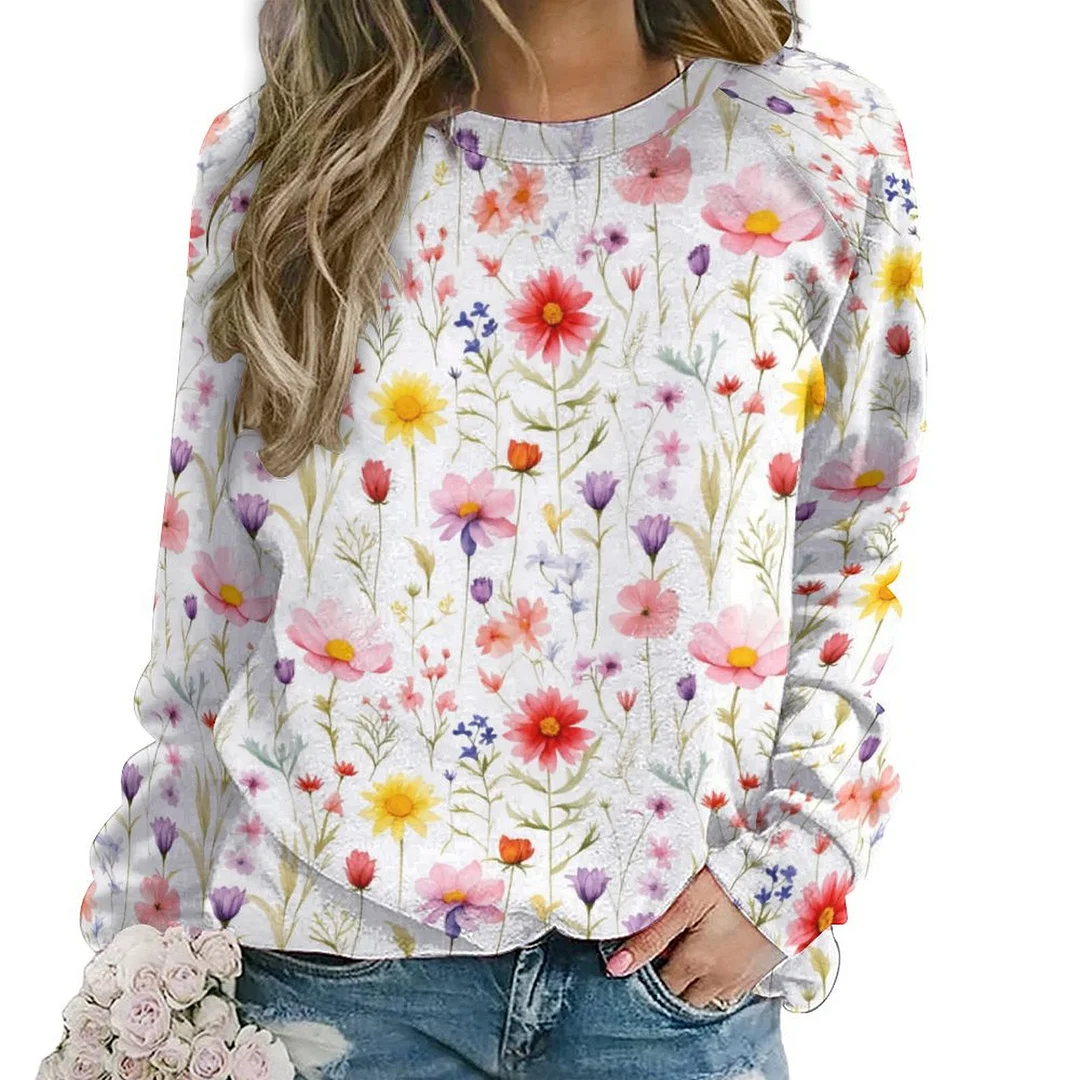 Printed Long Sleeve Casual Sweatshirt for  Women and Men Unisex Pattern Floral, Red, Pink, Colorful