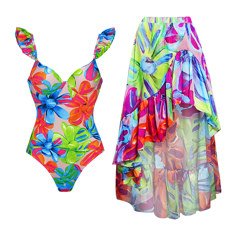 Backless Floral Print One Piece Swimsuit and Skirt Flaxmaker