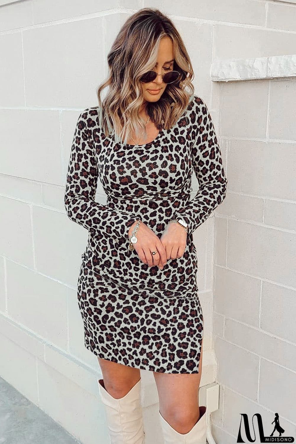 MidiSono - Side Split Long Sleeve Bodycon Mini Dress