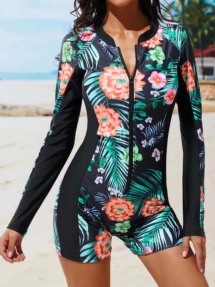 Vacation Sporty Floral Long Sleeve Zipper Flat Angle One Piece Swimsuit
