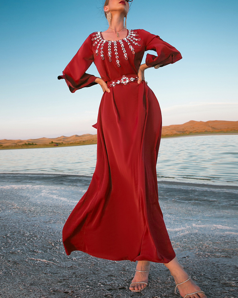 Red full diamond dress with belt