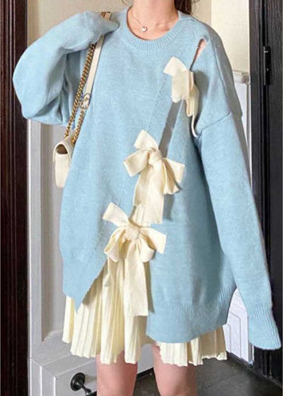 Boutique Blue Bow Patchwork Cute Fall Knit sweaters CK610- Fabulory