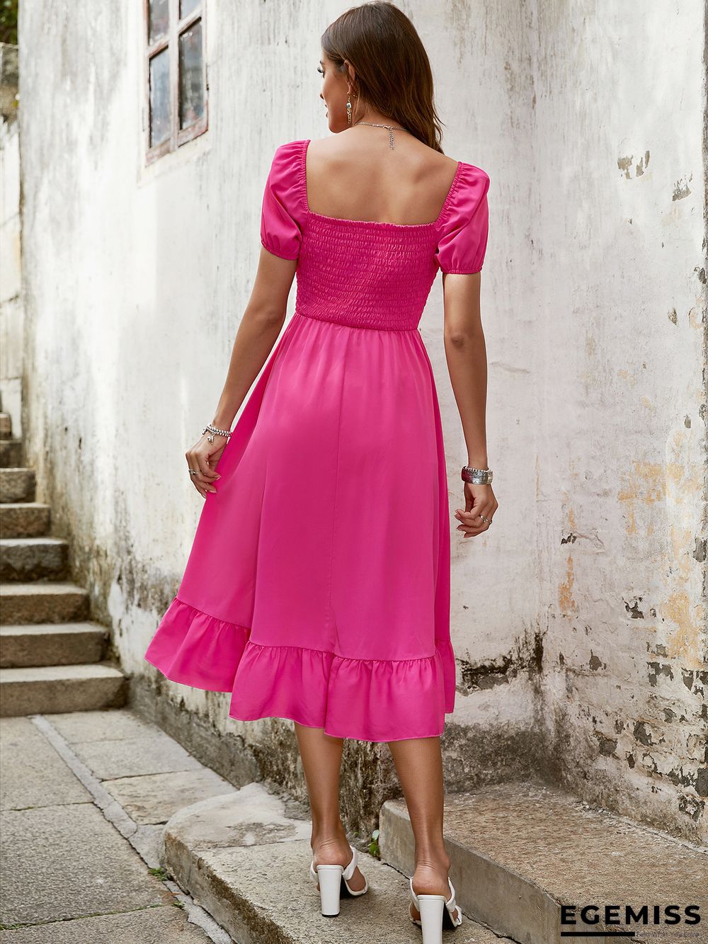 Dress Temperament Commuting Waist Closed Solid Color Bubble Sleeve Red Suspender High Waist | EGEMISS