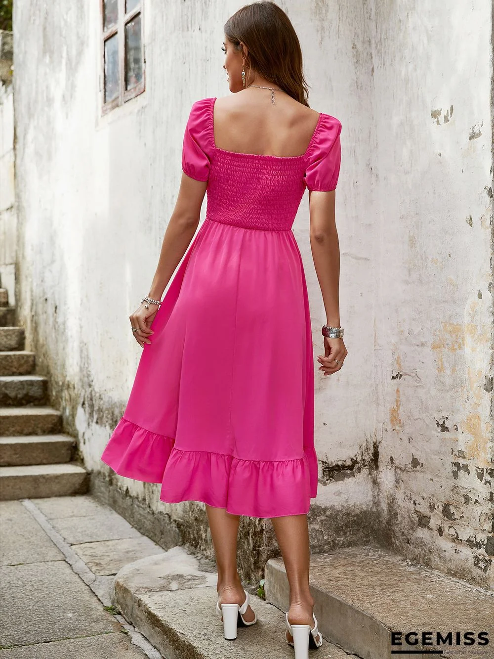 Dress Temperament Commuting Waist Closed Solid Color Bubble Sleeve Red Suspender High Waist | EGEMISS