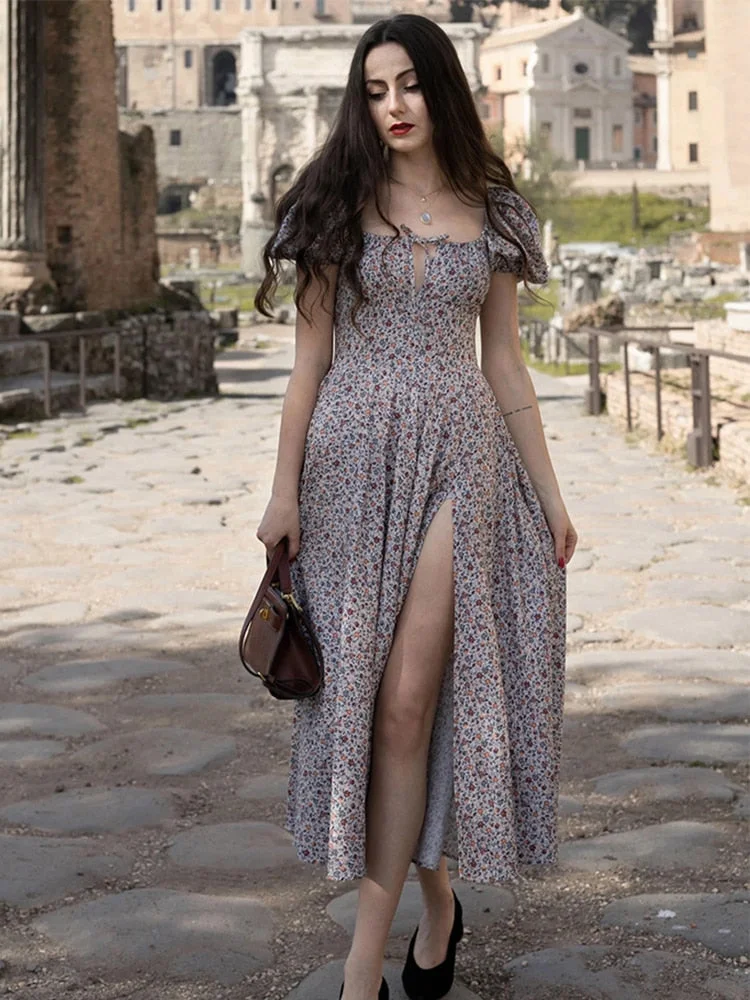 Jacqueline 2022 Puff Sleeve Midi Floral Dress Women Retro Elegant Sexy Split Sundress Casual Ruched Drawstring Dresses Summer