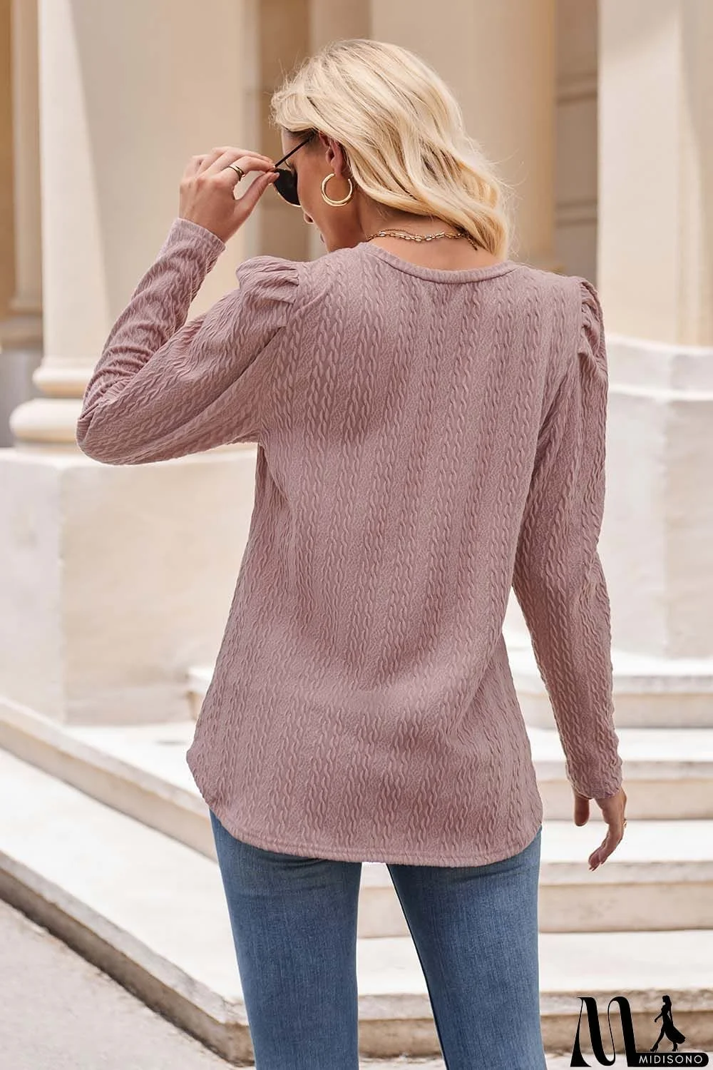 MidiSono - Round Neck Puff Sleeve Blouse