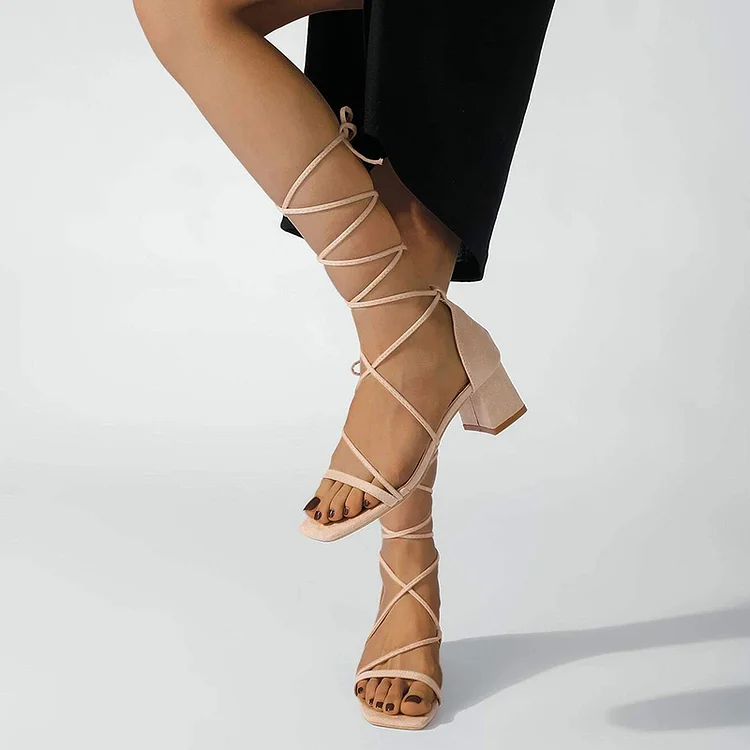 Nude Suede Square Toe Wrap Block Heels Office Sandals Vdcoo