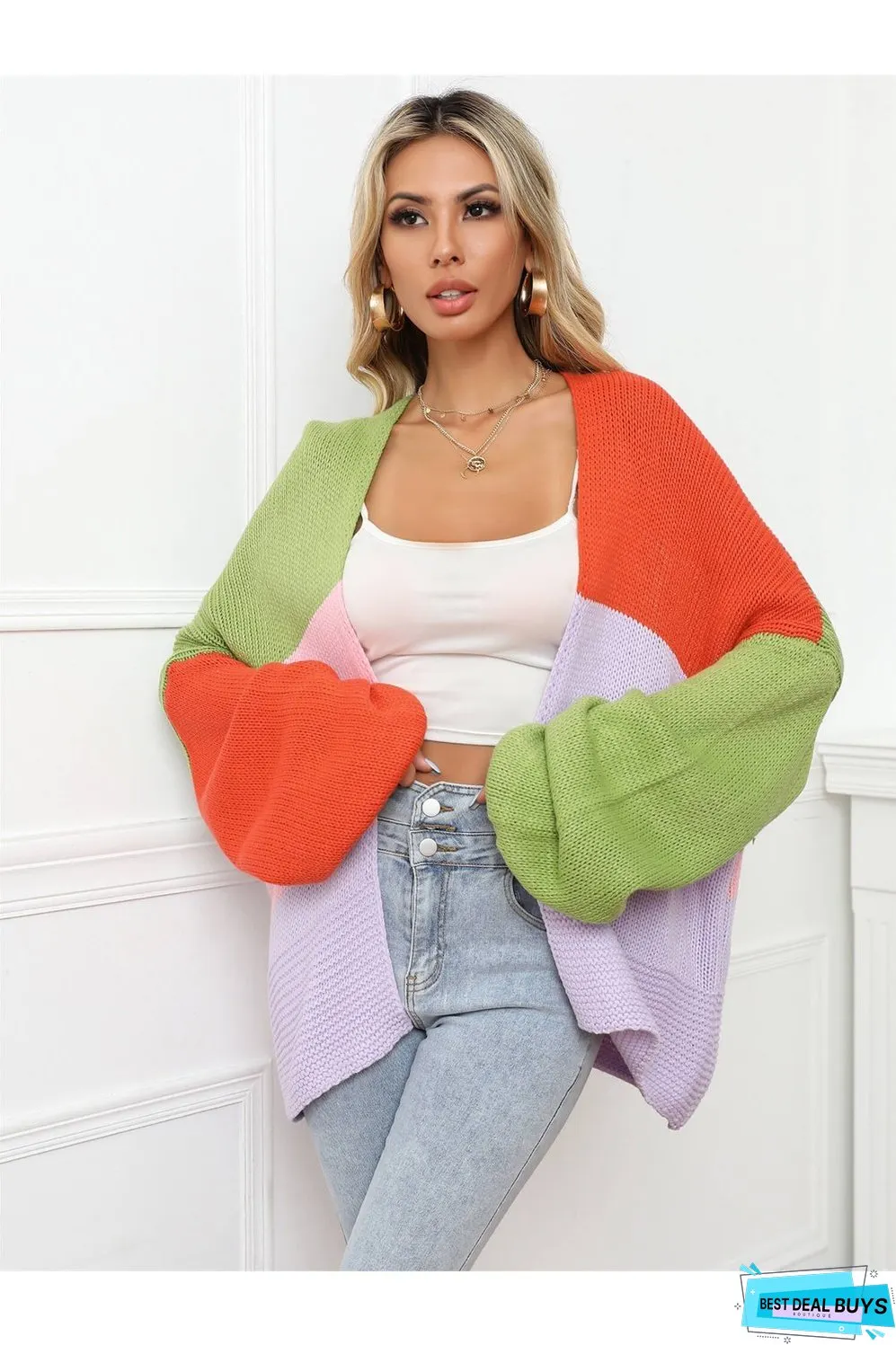 Color Block Open Front Balloon Sleeve Longline Cardigan