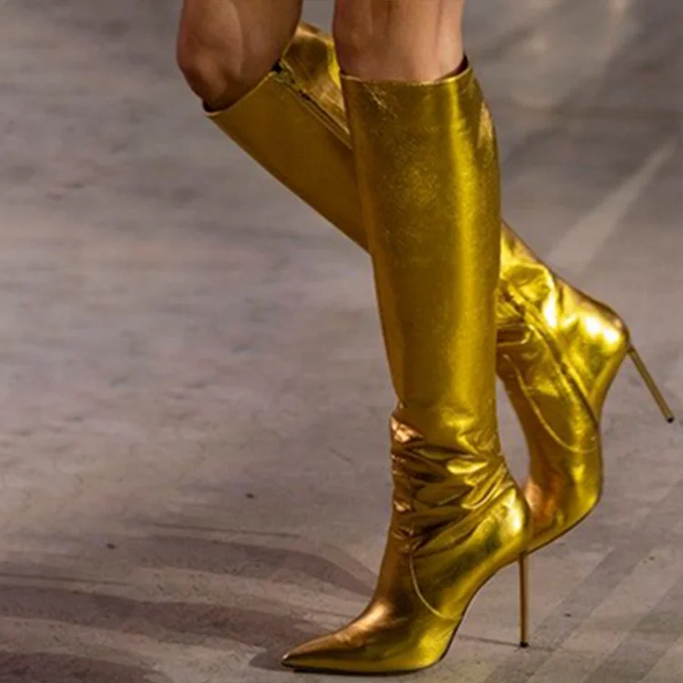 Elegant Gold Zipper Boots Women'S Pointed Stiletto Heel Shoes Knee Boots |FSJ Shoes