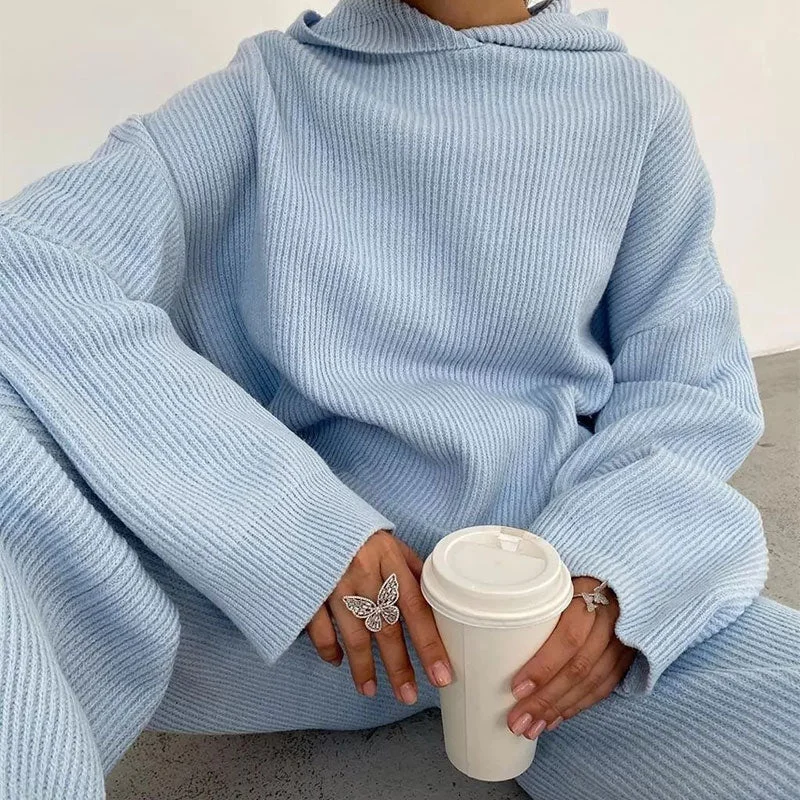 Summer Knitted Sweat Suits Women Matching Sets Long Sleeve Hoodie+wide-legged Pants Loungewear Sweater Set Two Piece Outfits