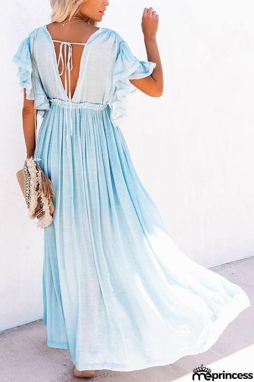 Button Drawstring Waist Bat Maxi Cover Dress