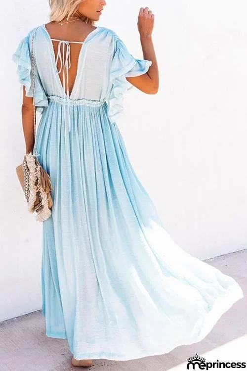 Button Drawstring Waist Bat Maxi Cover Dress