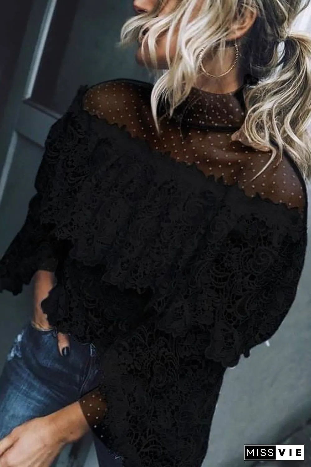 Sheer Mesh Lace Patchwork Blouse