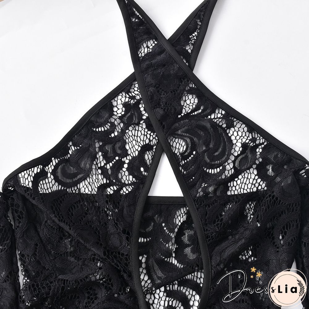 Lace Drawstring Ruched Long Sleeve Backless Dresses